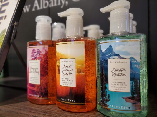Hand Sanitizer from Bath and Body Works 3 bottles of hand sanitizer. One is a light green, one is orange, and one is pink in color.