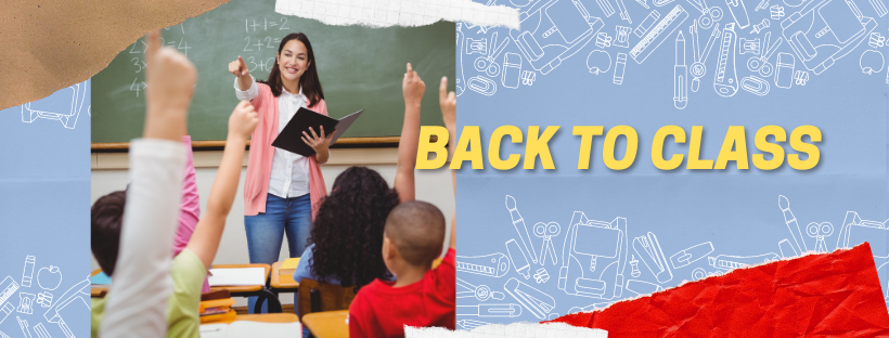 Teacher pointing to students with their hands up in the air.