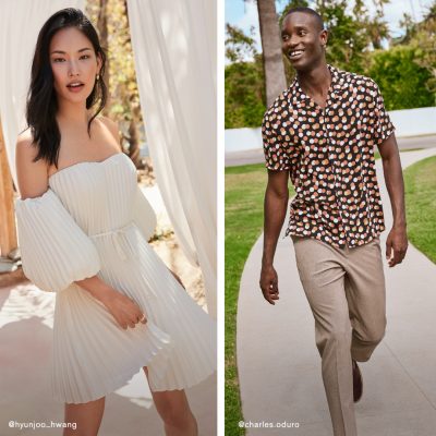 Woman wearing white dress, Man wearing patterned shirt and khaki pants 