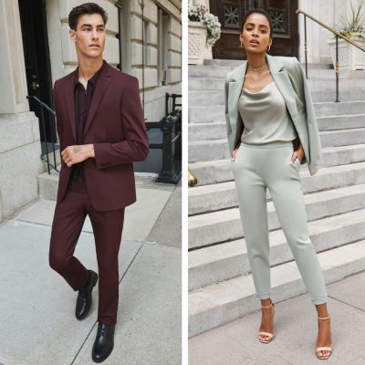 Man with Maroon Suit Women Wearing a Blazer