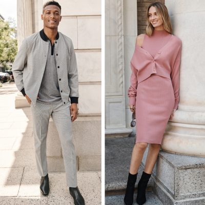Guy wearing grey pants and jacket, woman wearing pink dress from Express Factory