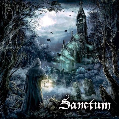 Sanctum Graphic with person in a cloak traveling into a dark forest