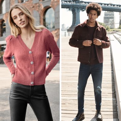 Woman wearing a pink sweater and man wearing brown jacket and jeans